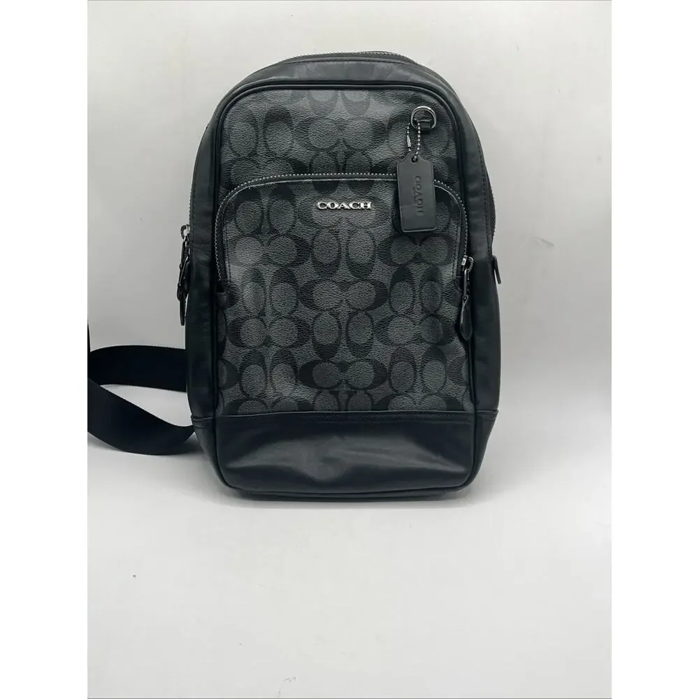 Coach C2932 Graham Signature Canvas Leather Black Gray Crossbody Sling Bag